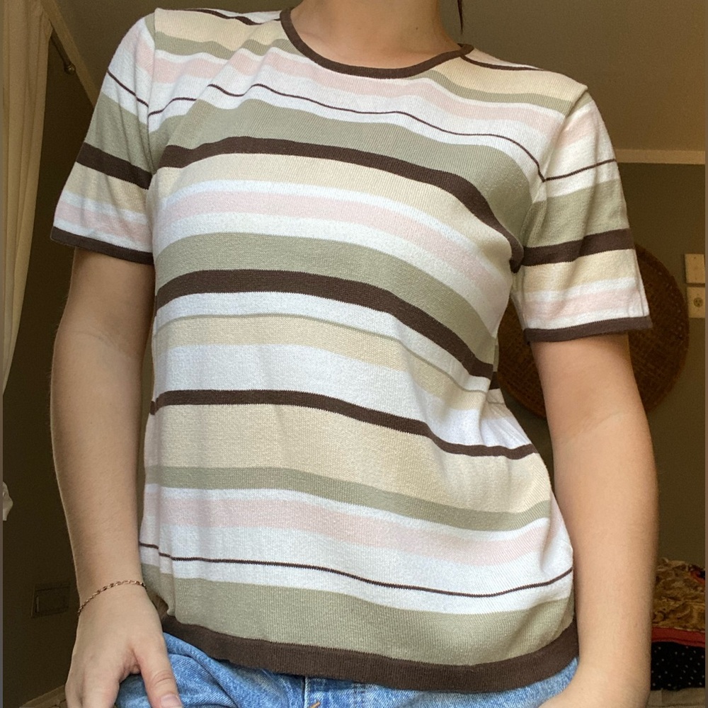 Y2K Liz Claiborne Striped Short Sleeve Top with Brown, Cream, & Pink Color Hues